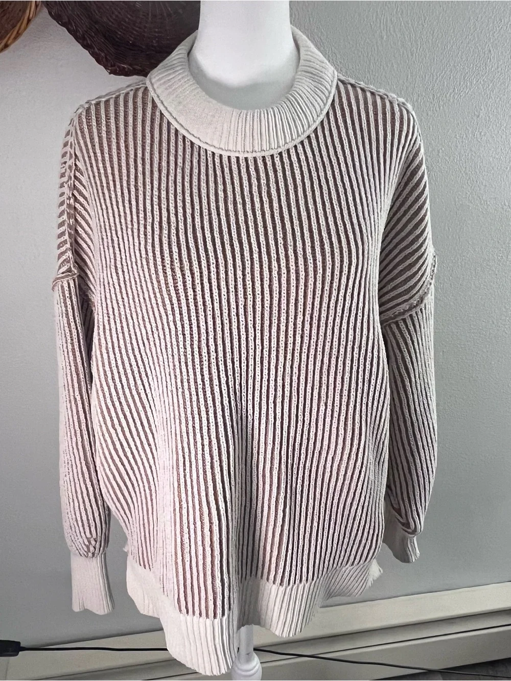 aerie Two-Tone Ribbed Crewneck Sweater in Cream and Brown